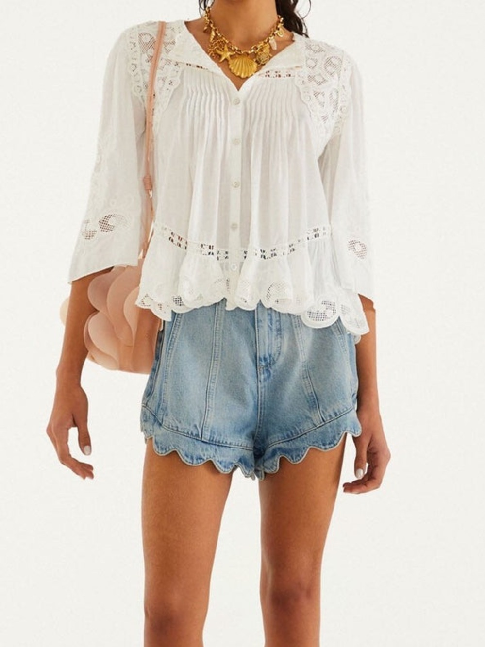 FARM Rio Light Denim Romantic Wavy Hem Shorts, NWT